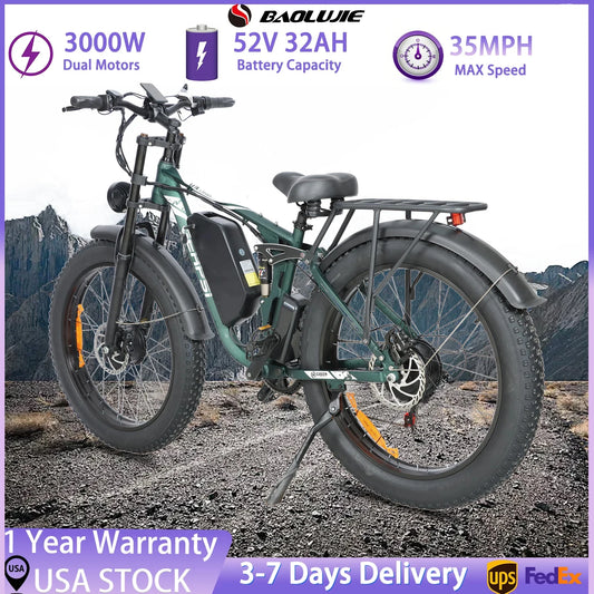 BAOLUJIE 2603 Electric Bike Adults Ebike 52V 32AH Removable Lithium Battery Max Speed 35MPH Range 34-41 Miles【1 Year Warranty】