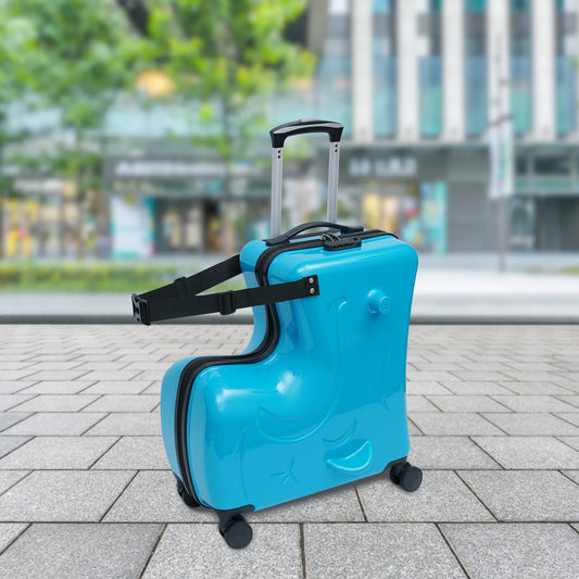 82-100cm Horse Shaped Blue Luggage Case Kids Ride-On Roll Suitcase Luggage Bags Wheeled Trolley Lugg 30kg Children Aged 3-6