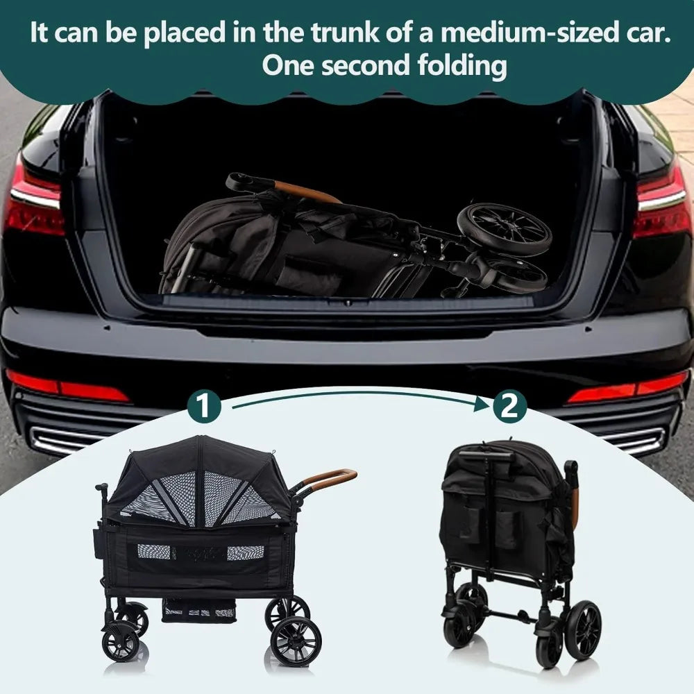 Wagon Stroller for 2 Kids & Cargo-Travel Stroller Push-Pull Double Wagon Lightweight Folding Stroller