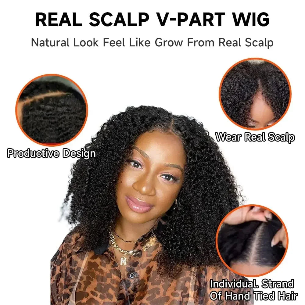 Silkwave V Part Wig Human Hair Knky Curly Glueless Wig For Black Women No Leave Out Easy Blend Clip In Half Deep Wave V Part Wig