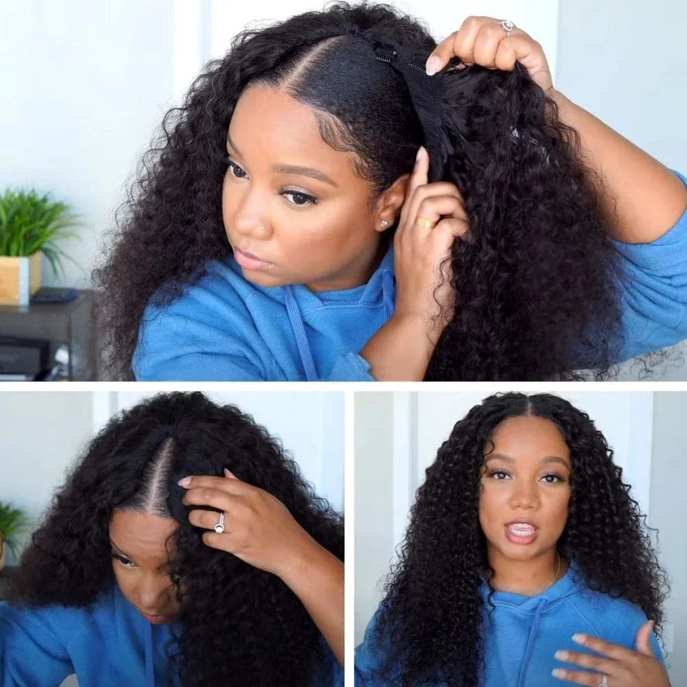Silkwave V Part Wig Human Hair Knky Curly Glueless Wig For Black Women No Leave Out Easy Blend Clip In Half Deep Wave V Part Wig