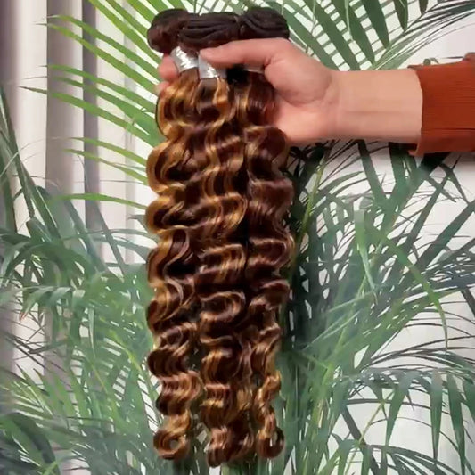 Highlight 30 inch Brown Indian Curly Raw Human Hair Bundles P4/27 Loose Deep Wave Colored Hair Bundles Weave Women Remy Hair