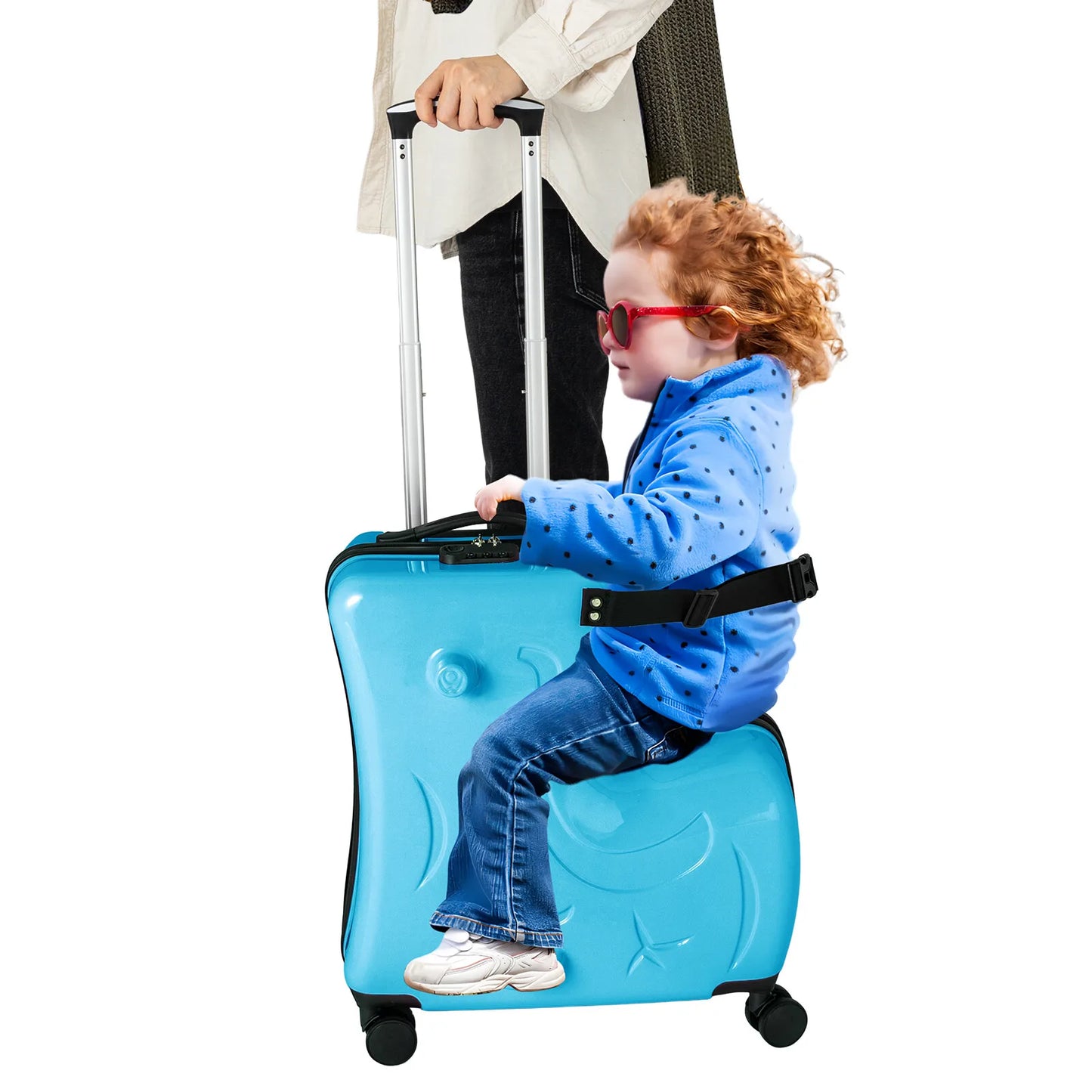 82-100cm Horse Shaped Blue Luggage Case Kids Ride-On Roll Suitcase Luggage Bags Wheeled Trolley Lugg 30kg Children Aged 3-6