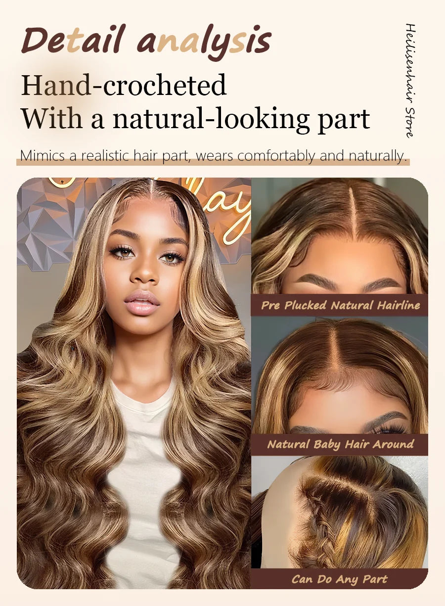 13x6 Lace Frontal Wig body Wave 36 Inch 220% Density P4/27 Highlight HD Transparent Lace Brazilian Human Hair Wigs For Women