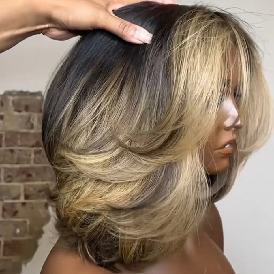 10 12inch Layered Glueless Bob Wigs Human Hair for Black Women Brown Blonde Highlight Layered Cut Bob 5x5 Lace Closure Wig