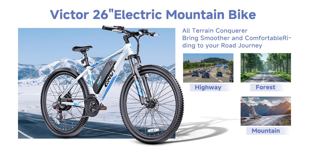 QNUT Victor3.0 Mountain electric Bicycle 1000W 36V 10.4AH 26" Tire All-Terrain E-Bikewith Front Fork Suspension and Dual Disc