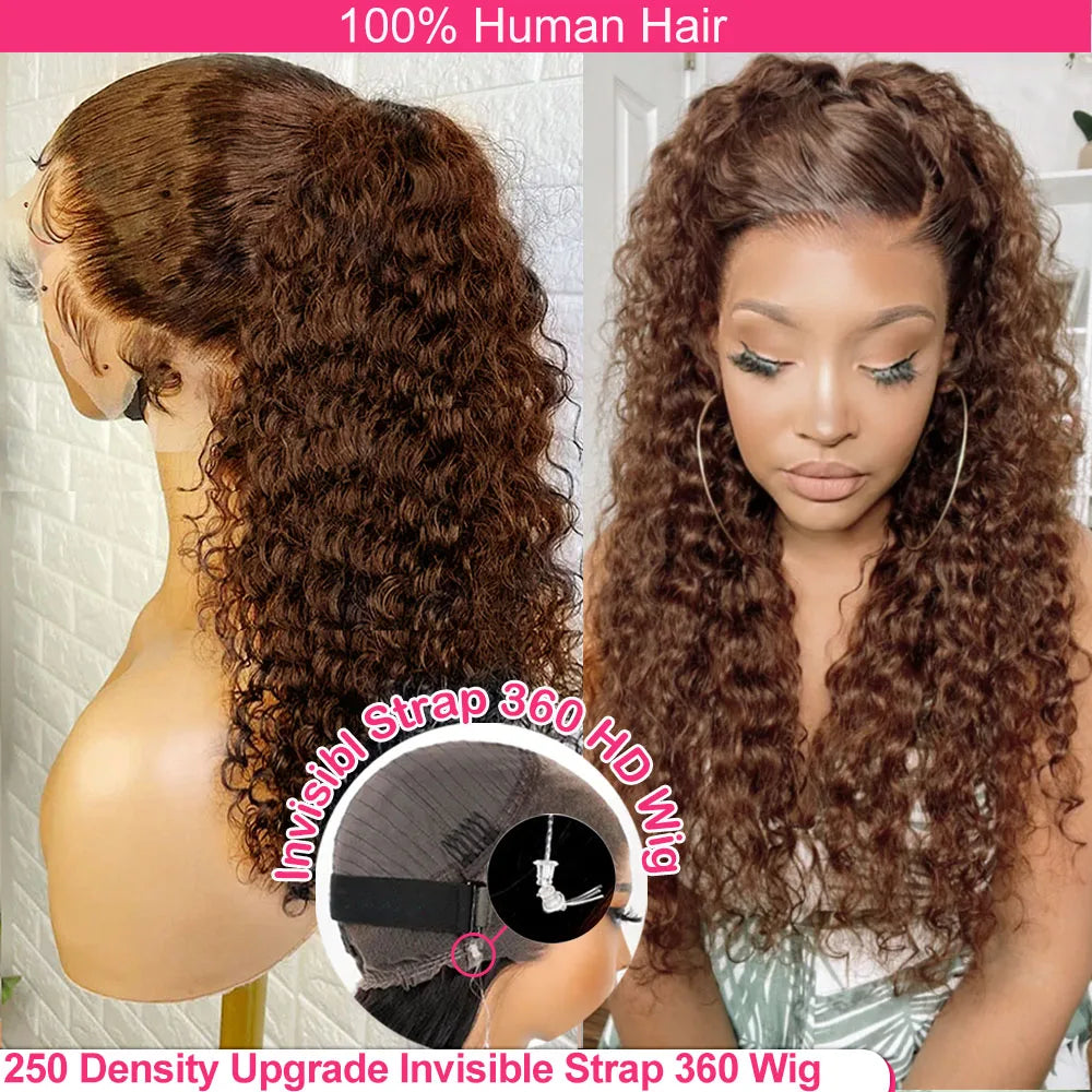 250 Density Deep Wave 360 Lace Front Human Hair Wig Water Wave Colored Lace Frontal Wig Chocolate Brown Glueless Wig Human Hair