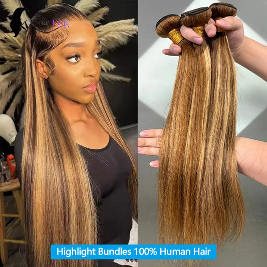 P4/27 Highlight Bundles Human Hair 22 24 26 Inch Straight Brazilian Raw Human Hair Bundles Brown Colored Remy Hair Extensions