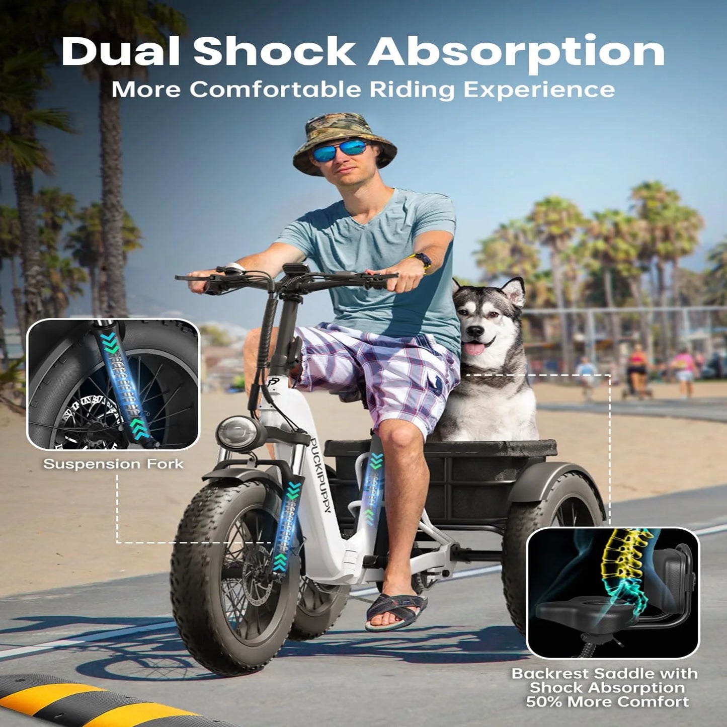 PUCKIPUPPY Electric Tricycle for Adult with 960W Peak Motor 60 Miles Range Pickup Class Trike 500 Lbs Load Electric Trike