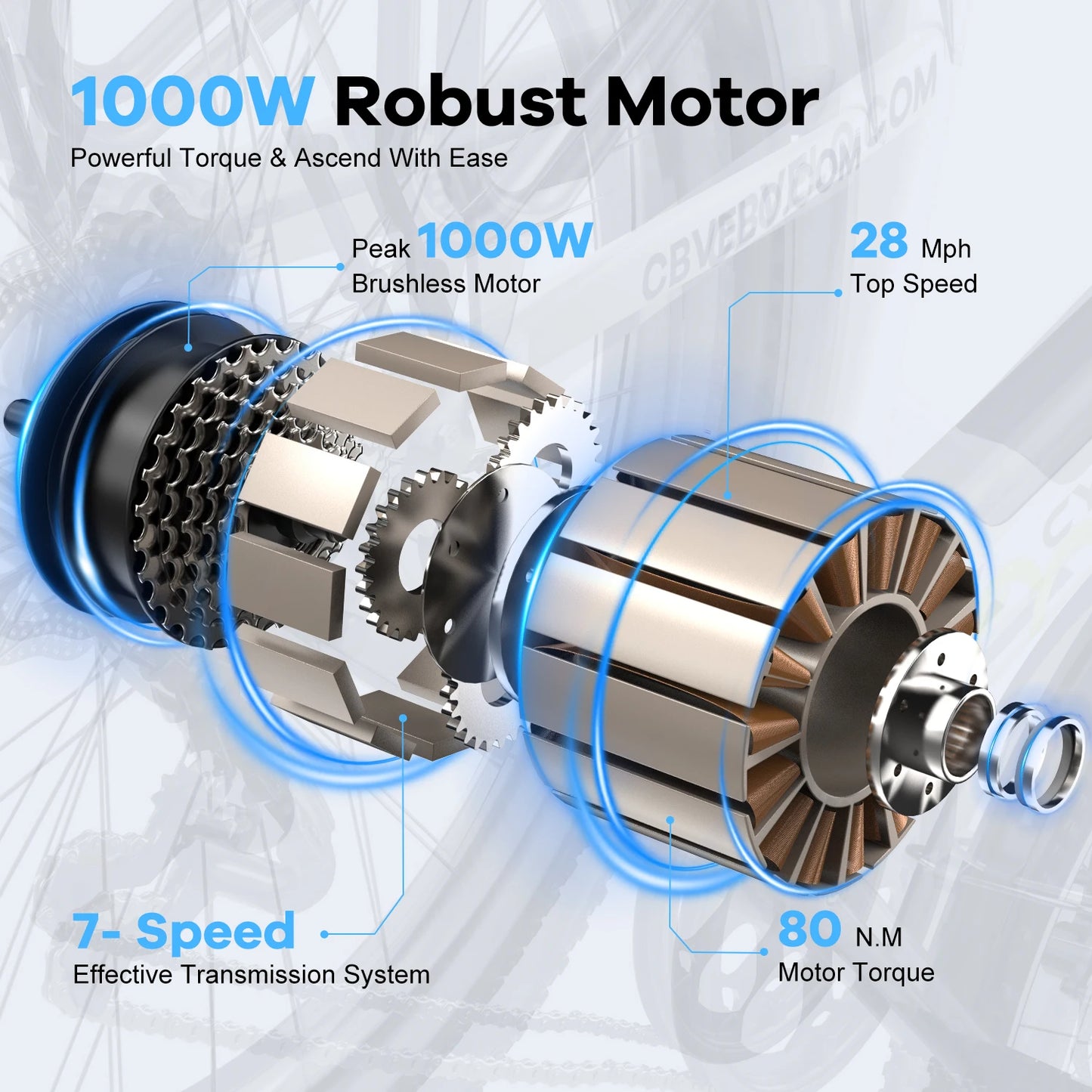 Cybervelo EK2 Peak 1000W 26 inch Electric Bicycle, Lithium Removable Battery Ebike with 7-Speed for Adults Womens All Terrain