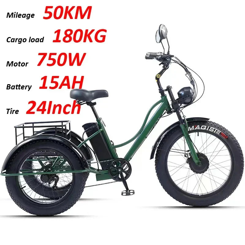 New Electric Tricyle Adult Electric Bicycle 24Inch Fat Tire 750W48V15AH Mobile Battery Mountain Ebike 3Wheel Electric Cargo Bike
