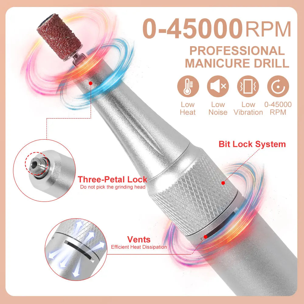 45000RPM Electric Nail Drill File Professional for Acrylic Gel Dip Powder Nails Portable Machine Kit for Manicure Pedicure Tools