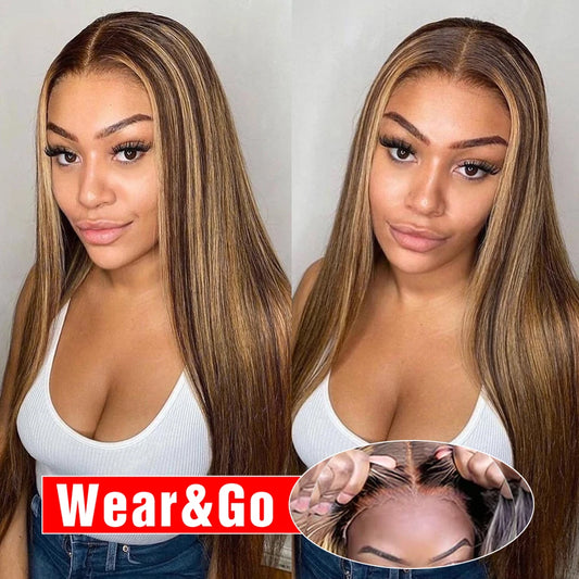 Highlight Glueless Wigs Human Hair Ready To Wear And Go For Women Preplucked Brazilian Ombre Straight 13x6 HD Lace Frontal Wig