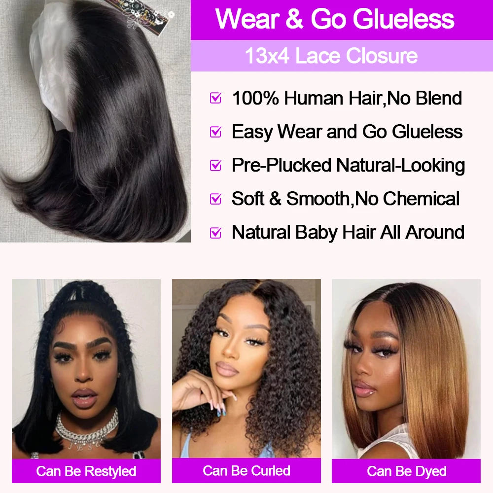 Glueless Bone Straight Short Bob Wig 13x4 13x6 HD Lace Front Wig 250% Density Brazilian Human Hair Pre Plucked For Black Women