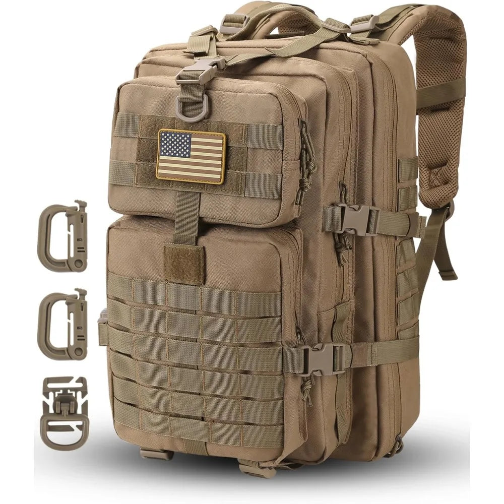 MOLLE Assault Pack, Tactical Backpack Military Army Camping Rucksack, 3-Day Pack Trip w/USA Flag Patch, D-Rings, Coyote