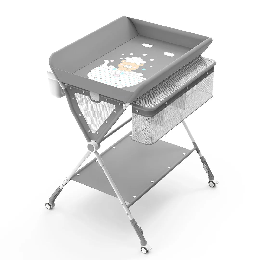 Sejoy Adjustable Baby Diaper Changing Table with Lockable Wheels Foldable Stand with Bottom Storage Board Elevated Fence