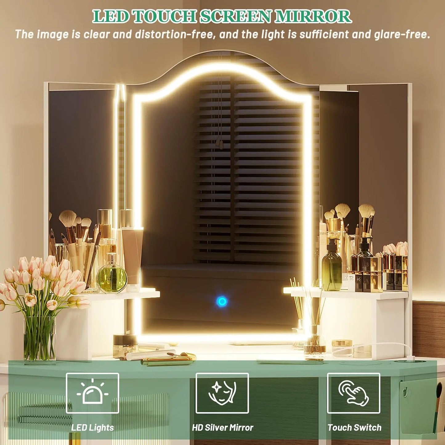 White Vanity Desk with Lighted Mirror, Makeup Table with LED Lights, Dressing Table with Charging Station
