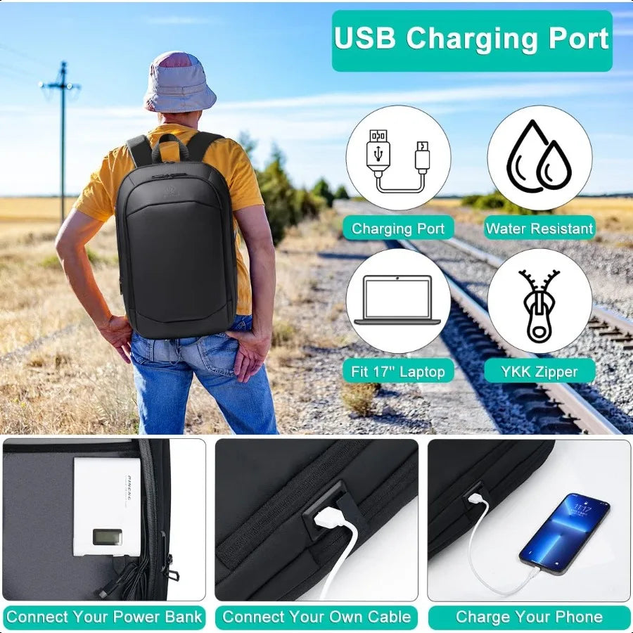 Busin Backpack for Men 17 InchSlim Expandable Waterproof Travel Laptop Backpack with USB Charger Port AntiTheft Lightweight Lar