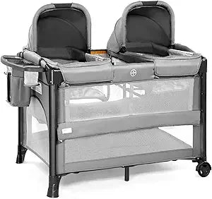 Twin Bassinet for Baby, Bedside Bassinet, Convertible to Bedside Sleeper and Playpen, with Wheel, Brake, Foldable Side Sleeper,