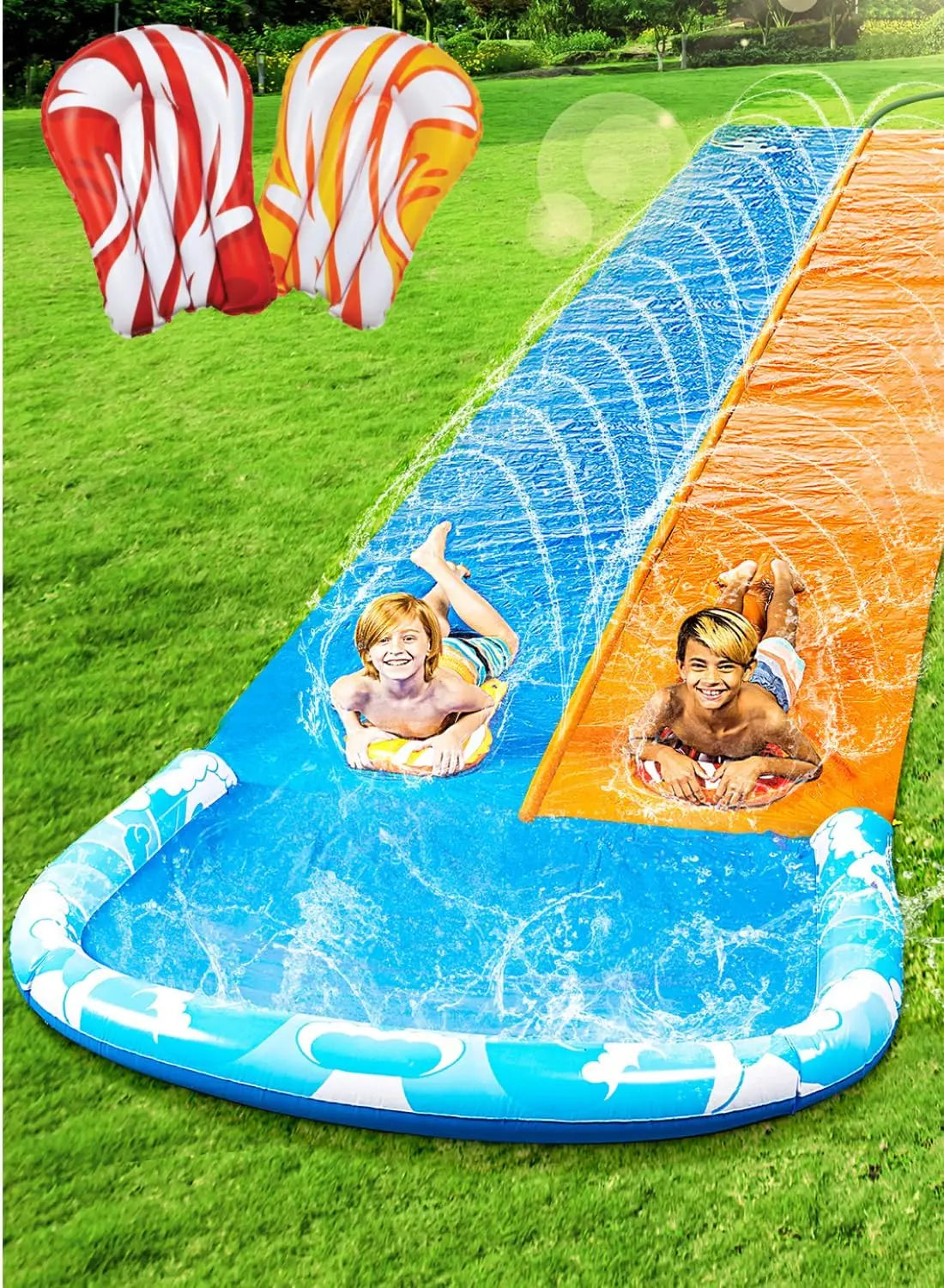 32.5ft Extra Long Double Lawn Water Slide with Sprinkler and Inflatable Boards for Kids Adults Summer Fun