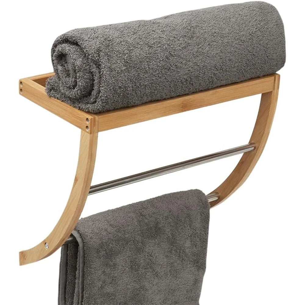 Bamboo Wall Mount Shelf with 2-Tier Towel Rack Open Slanted Organizer Durable Eco-Friendly Storage Solution Easy Installation