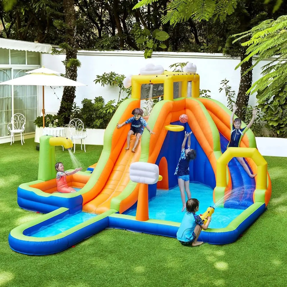 10-in-1 Rainbow Combo Water Slide with 2 Pools, Climbing Wall, Tunnel, and Double Slides for Kids 3-10 Years, 650W Blower Includ