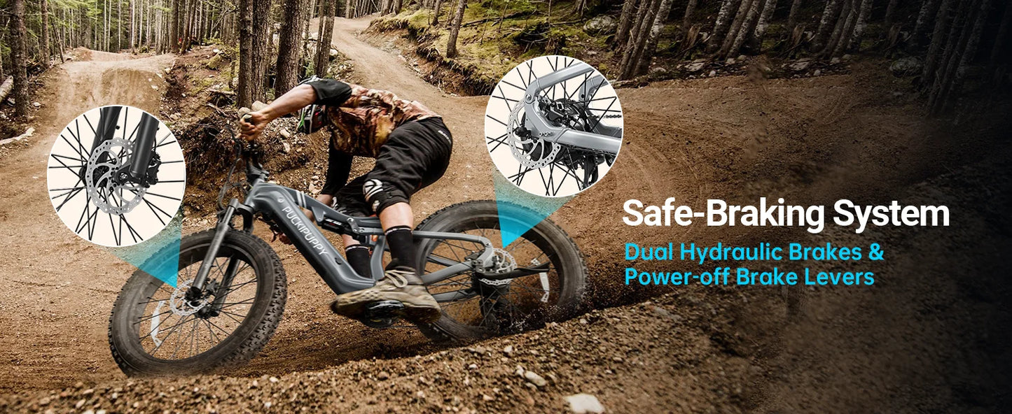 PUCKIPUPPY Electric Bike for Adults 26" Fat Tire 8 Speed 28 MPH Full Suspension Electric Mountain Bike 1350W Peak 48V 20AH Ebike