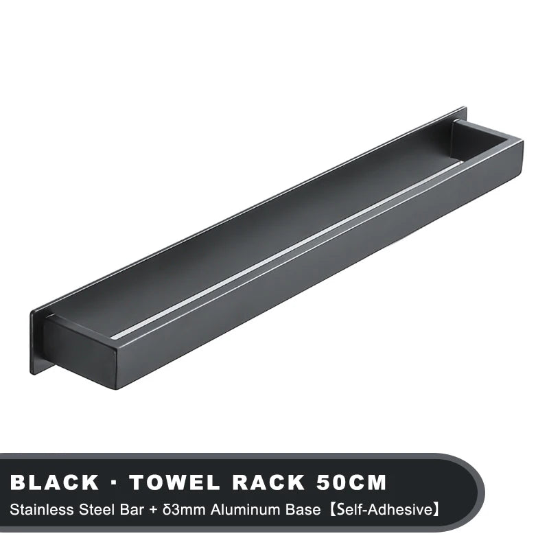 Black Stainless Steel Towel Holder No Drill Wall Shower Towel Shelf Kithchen Towel Hanger Rail Bathroom Towel Rack Self Adhesive