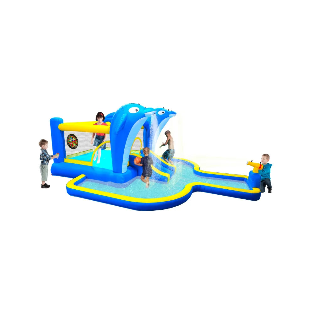 6 in1 Inflatable slide water park trampoline bouncing house outdoor garden with  Dolphin sprinkler & Target games & Water gun