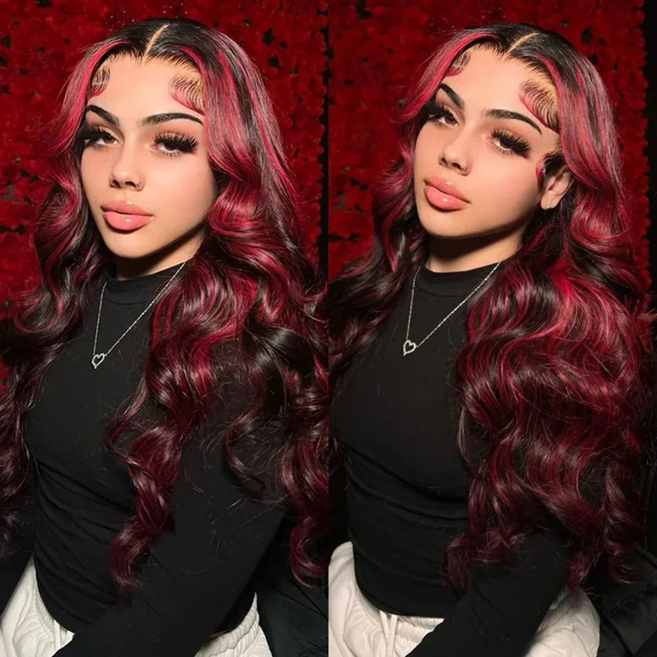 Ombre Red With Blonde Highlights Body Wave 5x5 Glueless Wigs Human Hair Burgundy for Women Pre Plucked 200 Density Colored Wig