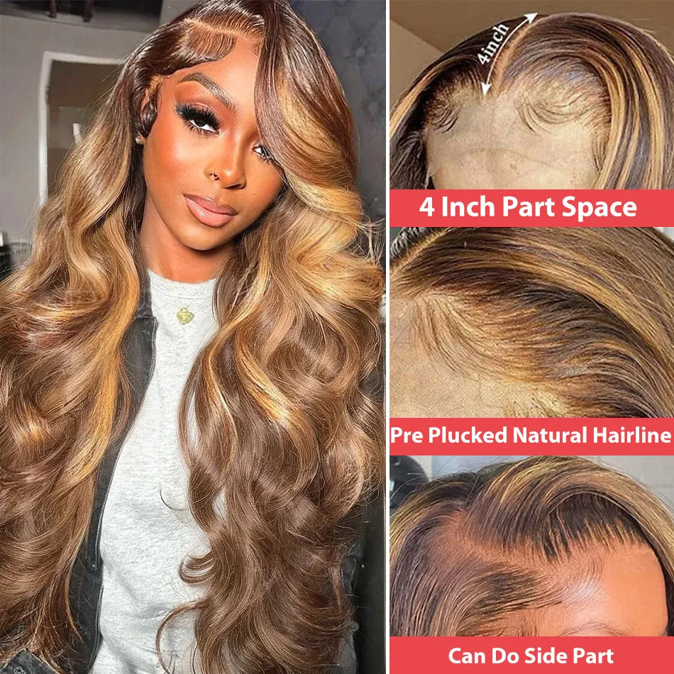 250 Density Highlight Ombre 100% Human Hair 13x6 HD Lace Frontal Wigs Body Wave 13x4 Lace Front Wig Water Loose Brown Brazilian