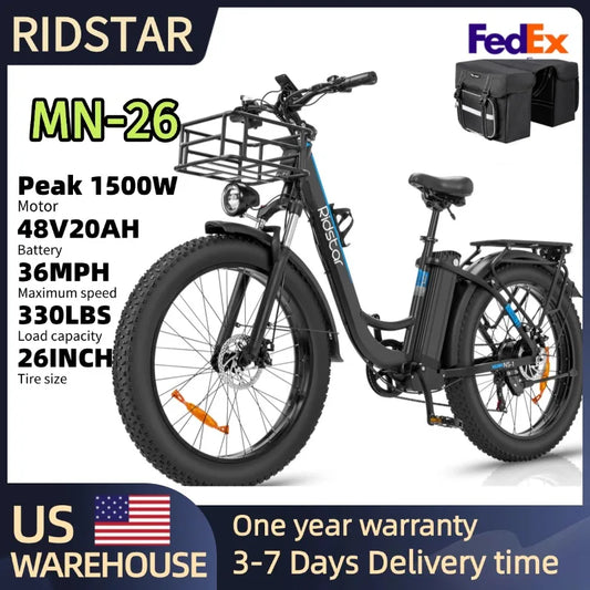 Ridstar Electric Bike for Adults 1500W 36MPH 70 Miles 48V 20Ah Removable Battery 26" Fat Tire City Commuter EBike for Men MN-26