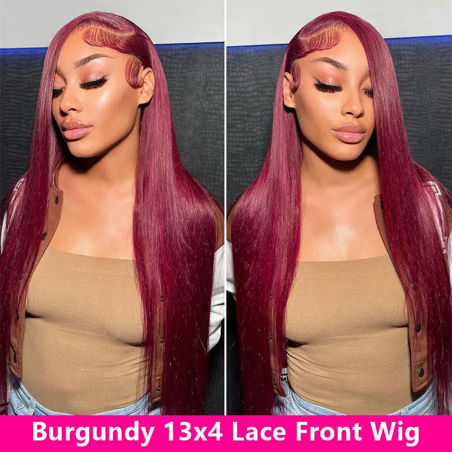 99j Burgundy Lace Front Human Hair Wig 40 Inch 13x6 Straight Lace Frontal Wigs HD Transparent Lace Colored Red Wig For Women