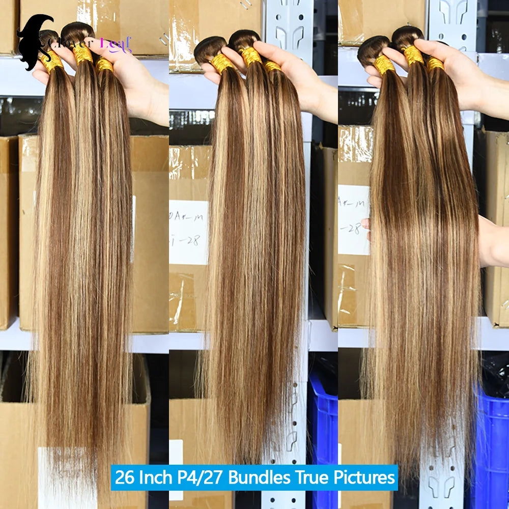 P4/27 Highlight Bundles Human Hair 22 24 26 Inch Straight Brazilian Raw Human Hair Bundles Brown Colored Remy Hair Extensions