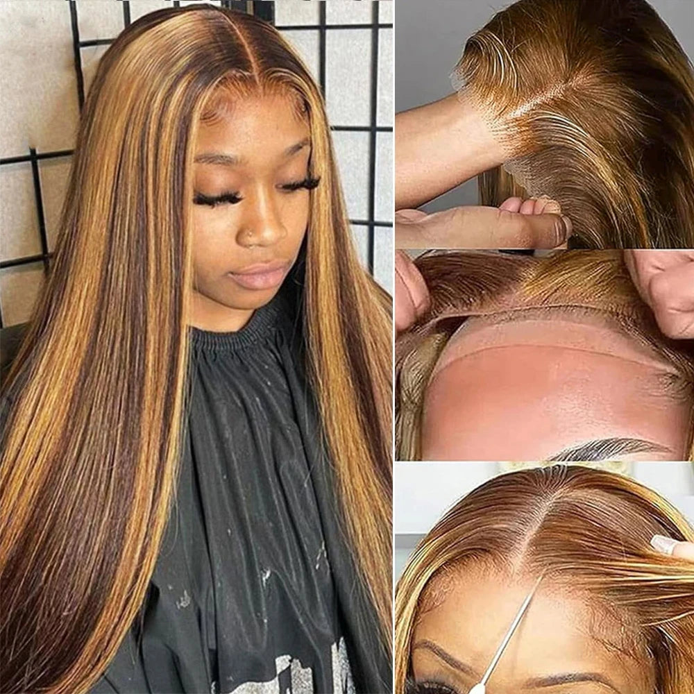 Highlight Glueless Wigs Human Hair Ready To Wear Pre Cut Preplucked Straight 4/27 Ombre 13x6 HD Lace Frontal Wig Human Hair 200%