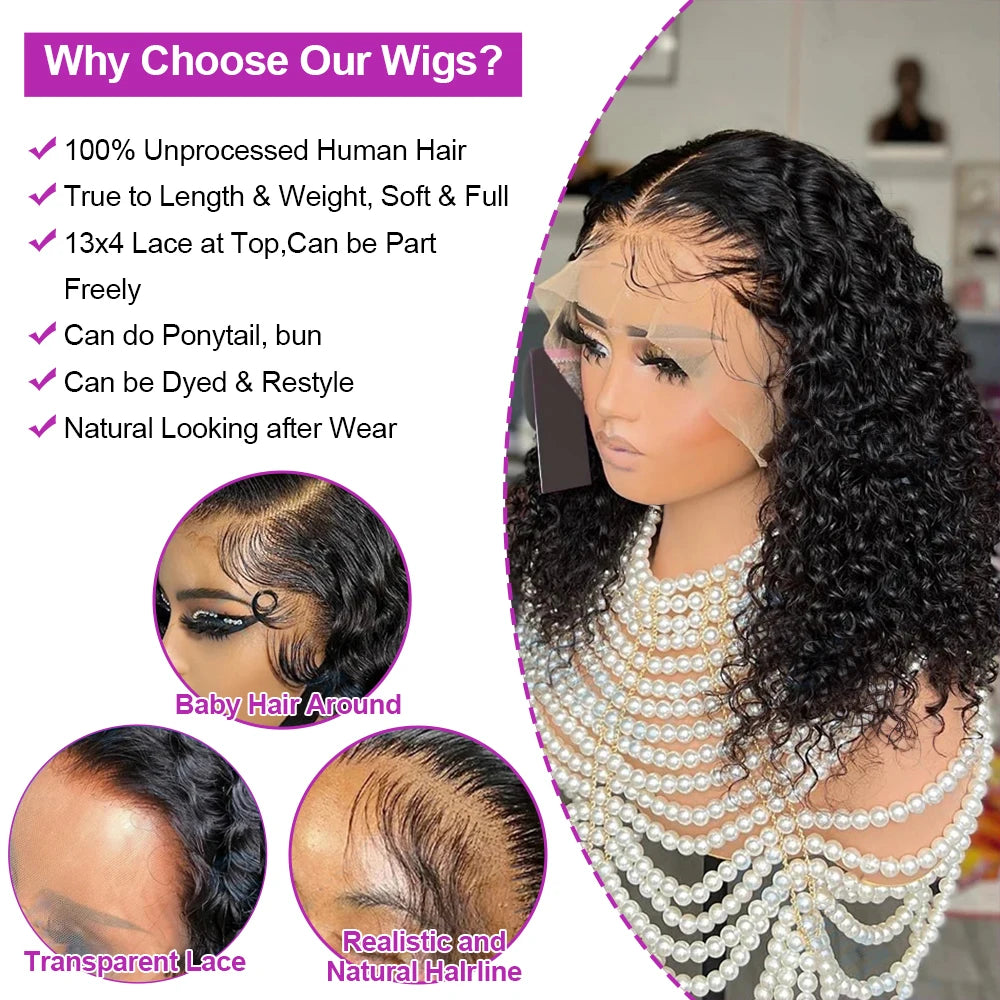 Brazilian Deep Water Wave Curly Bob 100% Human Hair Glueless Wigs Deep Wave HD Lace Front 13x4 13x6 Transparent Lace Frontal Wig