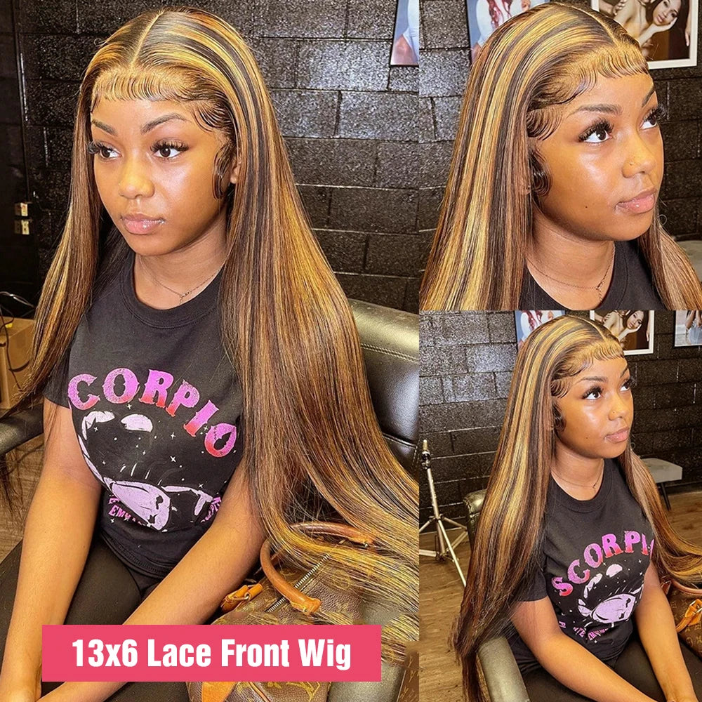 Highlight Glueless Wigs Human Hair Ready To Wear Pre Cut Preplucked Straight 4/27 Ombre 13x6 HD Lace Frontal Wig Human Hair 200%