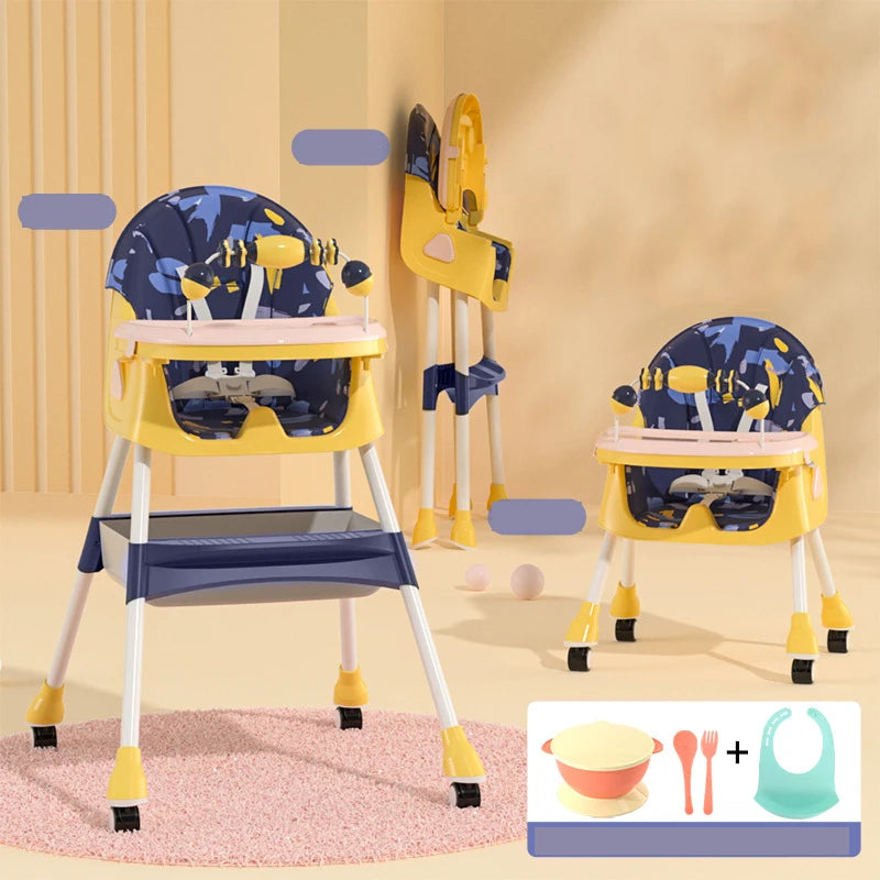 Foldable Baby High Chair 6 Months Plus with Large Antislip Pad & ToyRack Easy to Clean Feeding E500 With Brakeable Wheel