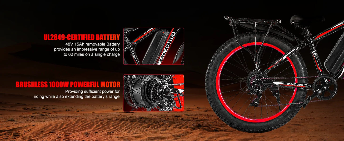 EOEOTWO E01 Electric Bike Adults,1500W Ebike,34MPH 60Miles Electric Mountain Bike,26" Fat Tire Electric Bicycle+1 Year Warranty