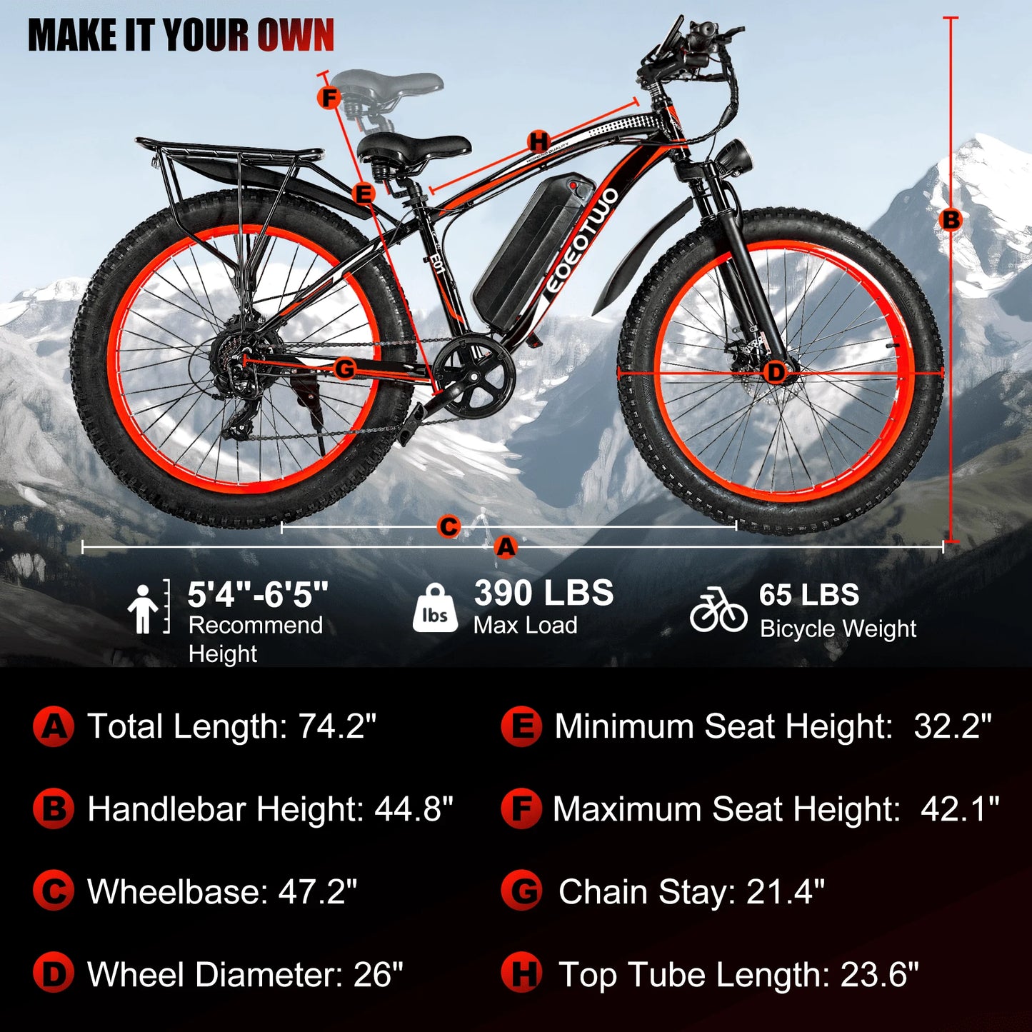 EOEOTWO E01 Electric Bike Adult 26" Fat Tire 1500W Peak Motor Electric Bicycle 34Mph Mountain E Bike 60Mile Range 48V15AH E Bike