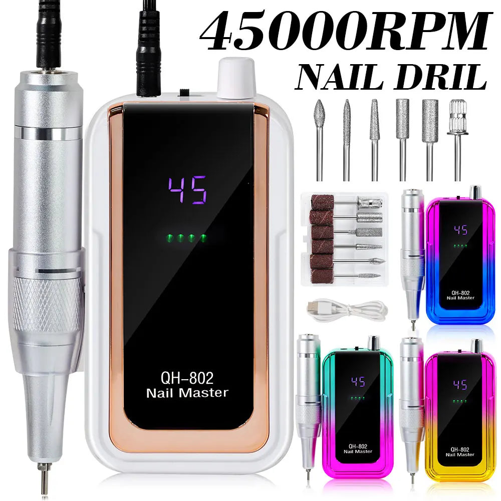 45000RPM Electric Nail Drill File Professional for Acrylic Gel Dip Powder Nails Portable Machine Kit for Manicure Pedicure Tools