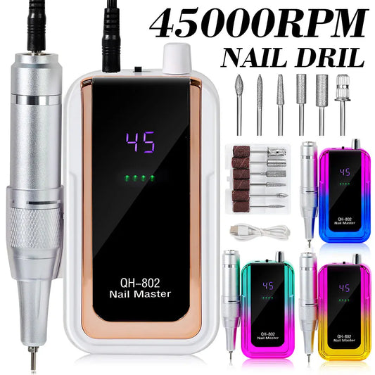 45000RPM Electric Nail Drill File Professional for Acrylic Gel Dip Powder Nails Portable Machine Kit for Manicure Pedicure Tools