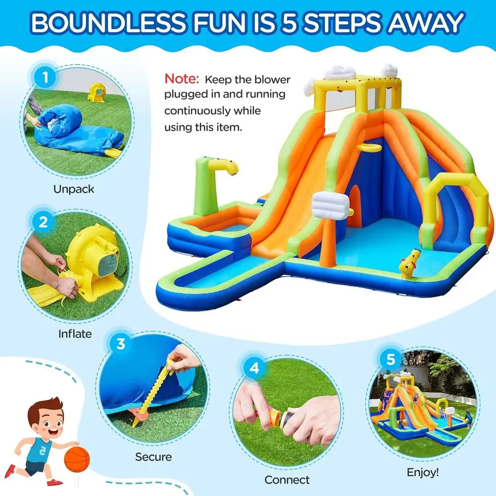 10-in-1 Rainbow Combo Water Slide with 2 Pools, Climbing Wall, Tunnel, and Double Slides for Kids 3-10 Years, 650W Blower Includ