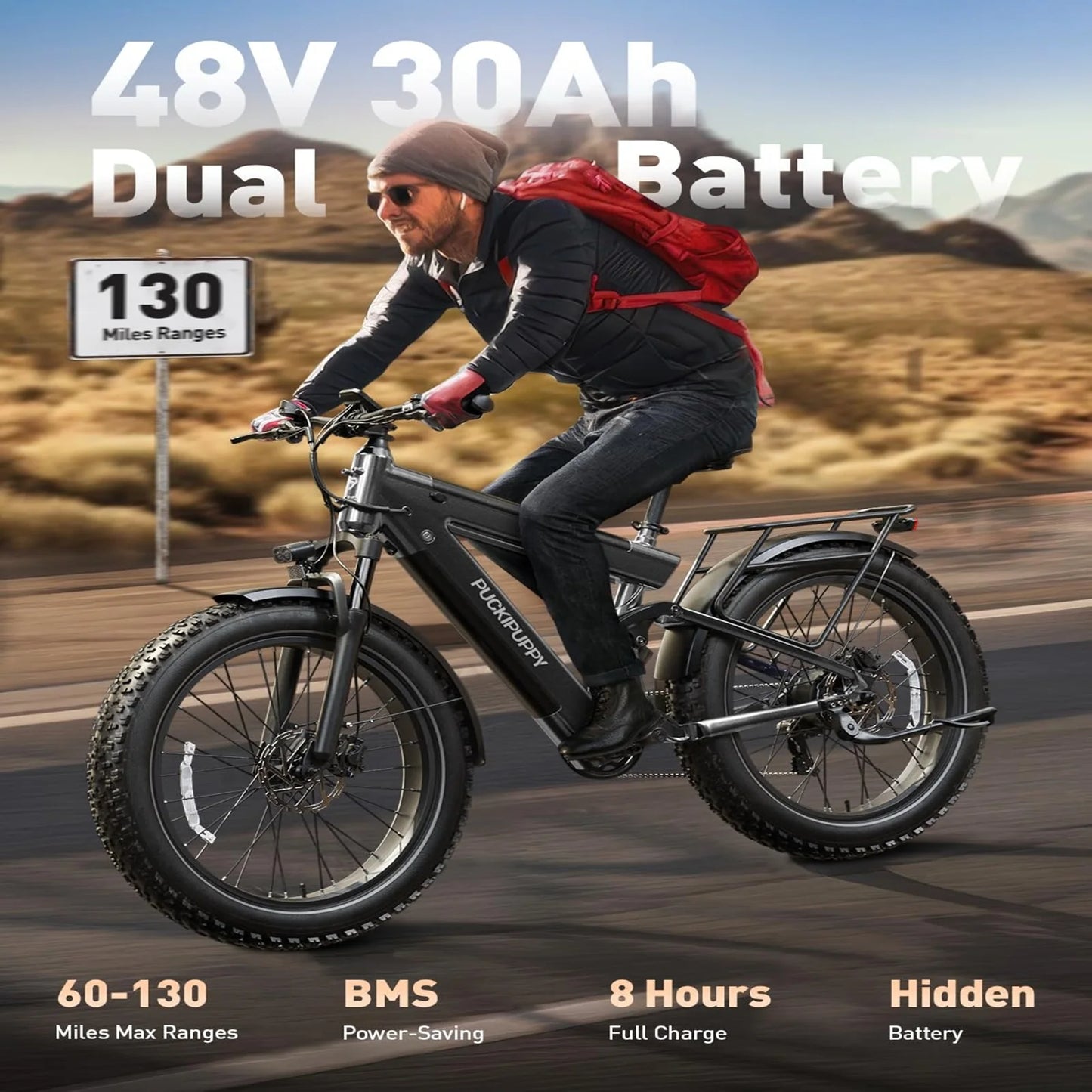 PUCKIPUPPY Dual Battery Electric Bike for Adults 1350W 48V 30AH Ebike 26" Fat Tire Full Suspension Electric Mountain Bike
