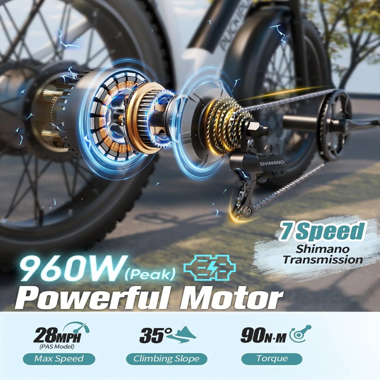 PUCKIPUPPY Electric Bike for Adults 960W Peak 48V 15AH Electric Bicycle 7 Speed All Terrain 26" Fat Tire Front Suspension E-Bike