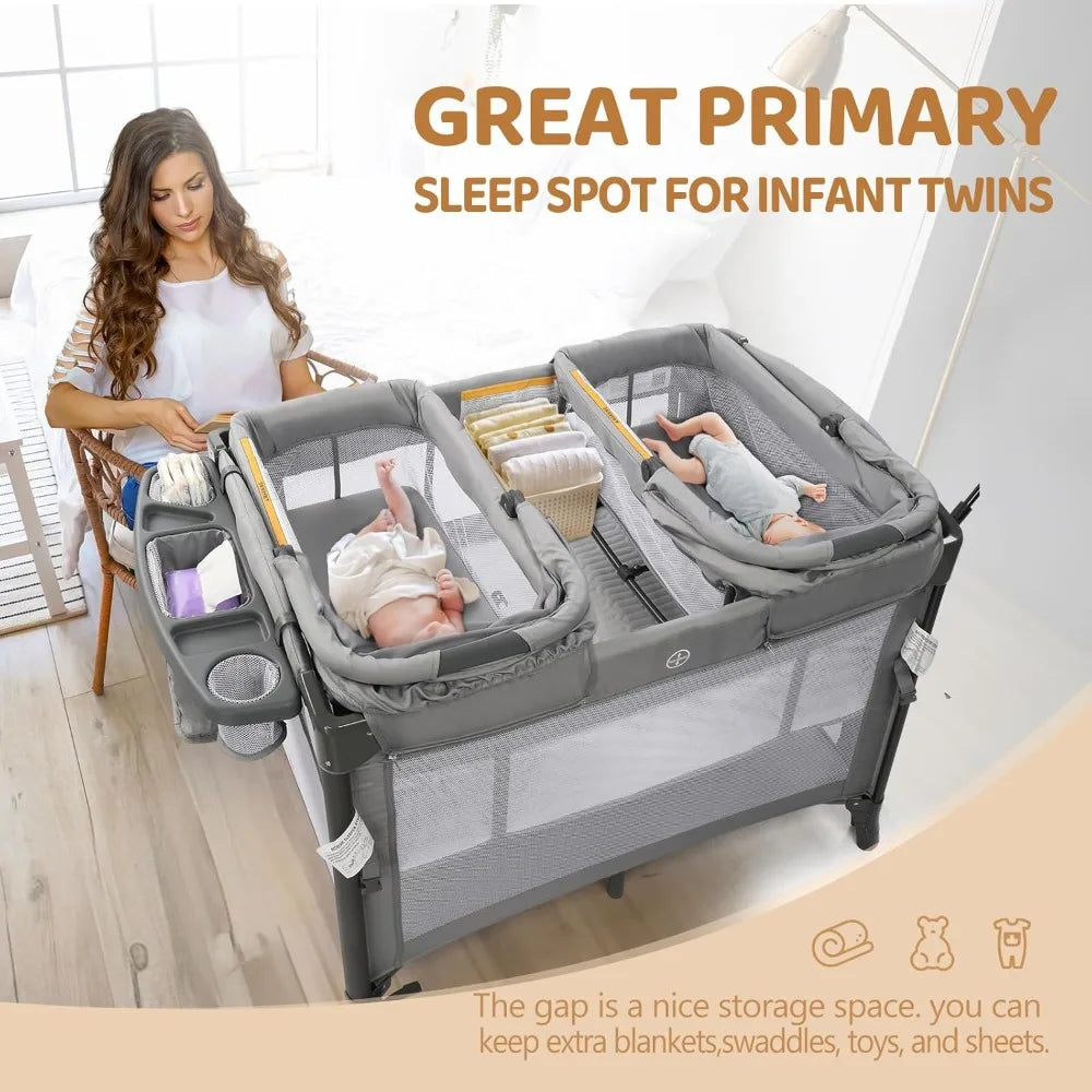 Twin Bassinet for Baby, Bedside Bassinet, Convertible to Bedside Sleeper and Playpen, with Wheel, Brake, Foldable Side Sleeper,