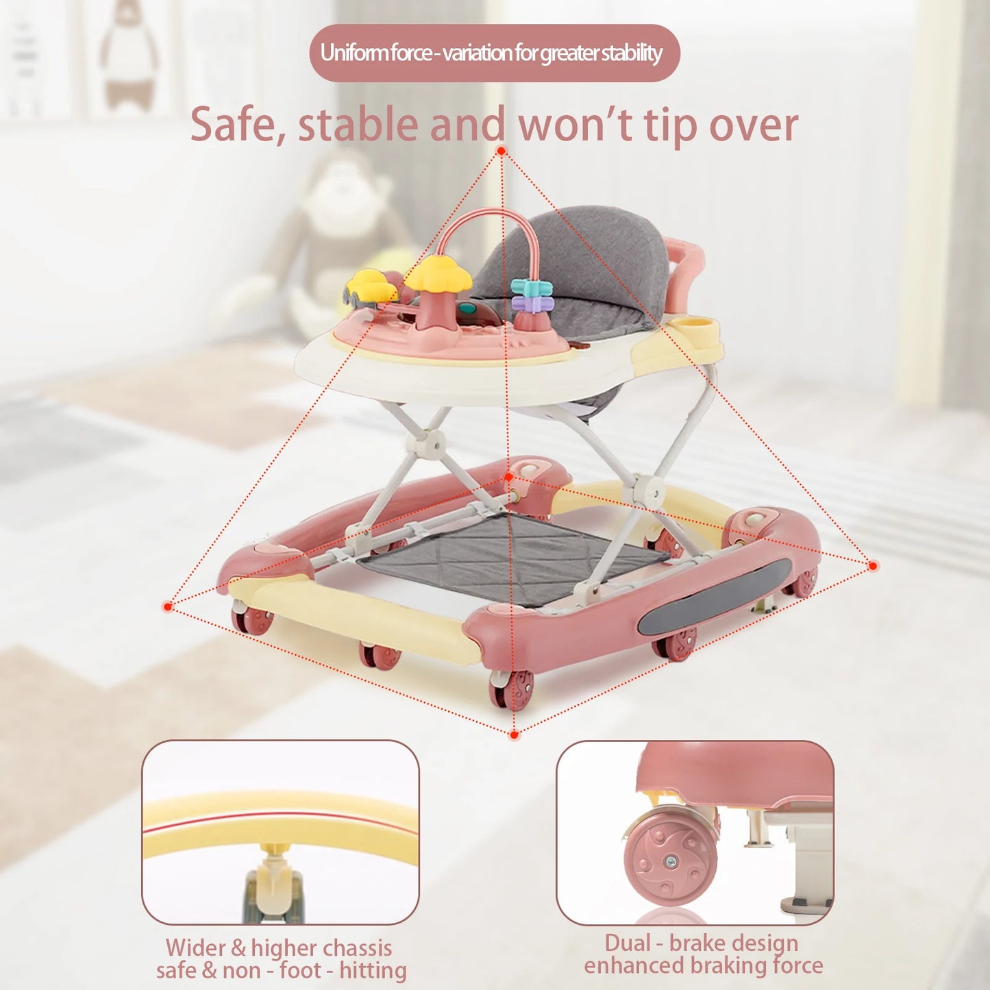 Baby Multi-Functional Comfortable Walker With Awning Anti-Rollover Adjust And Shake The Walker Foldable Baby Walker For Boy Girl