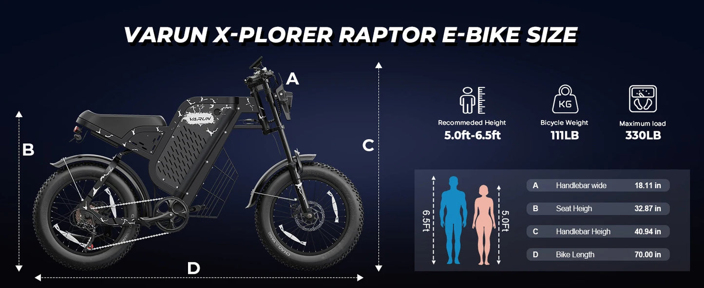 VARUN X-Plorer Raptor Electric Bicycle 1000W Motor 48V 20.8Ah Battery Adult E-Bike 20*4.0 Inch Fat Tire Off-road Mountain Bike