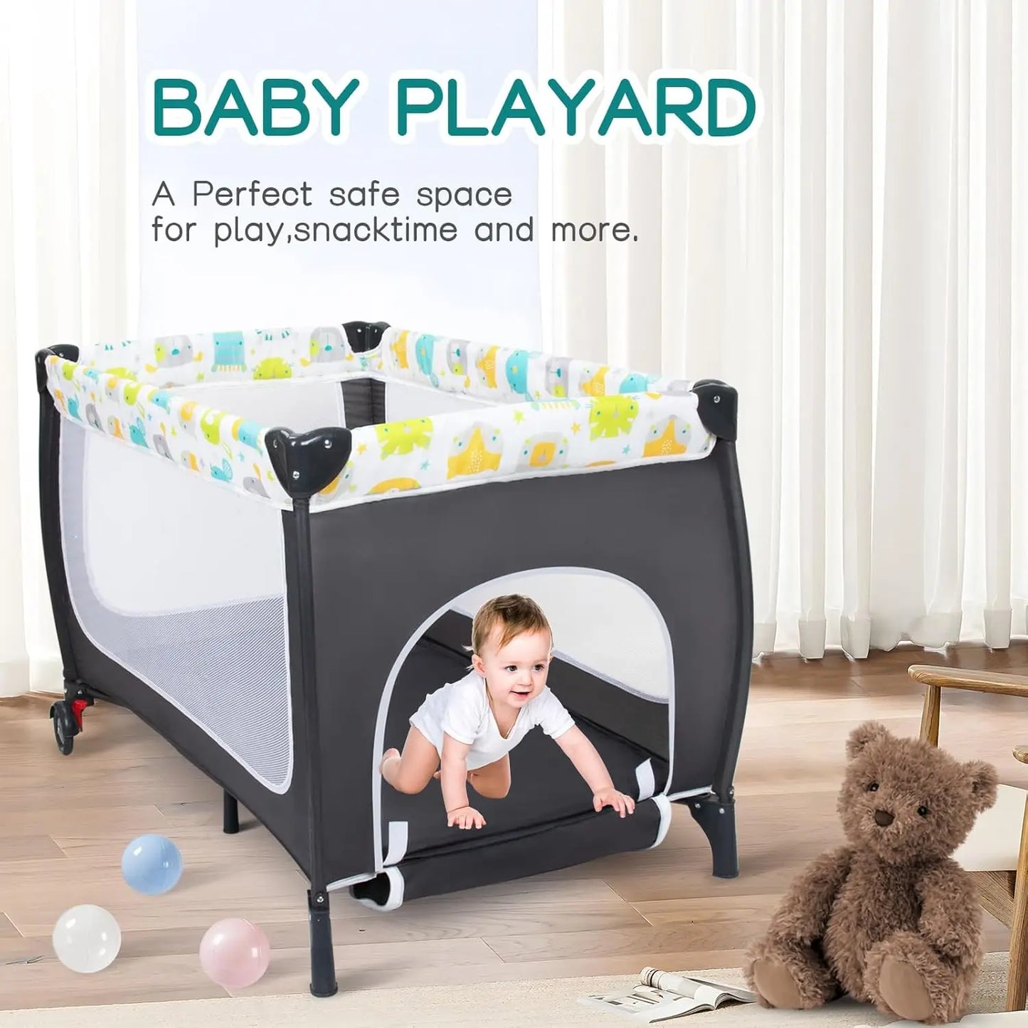 4 in 1 Pack and Play,Portable Baby Crib Deluxe Nursery Center, Foldable Travel Playard with Bassinet,Adjustable Canopy
