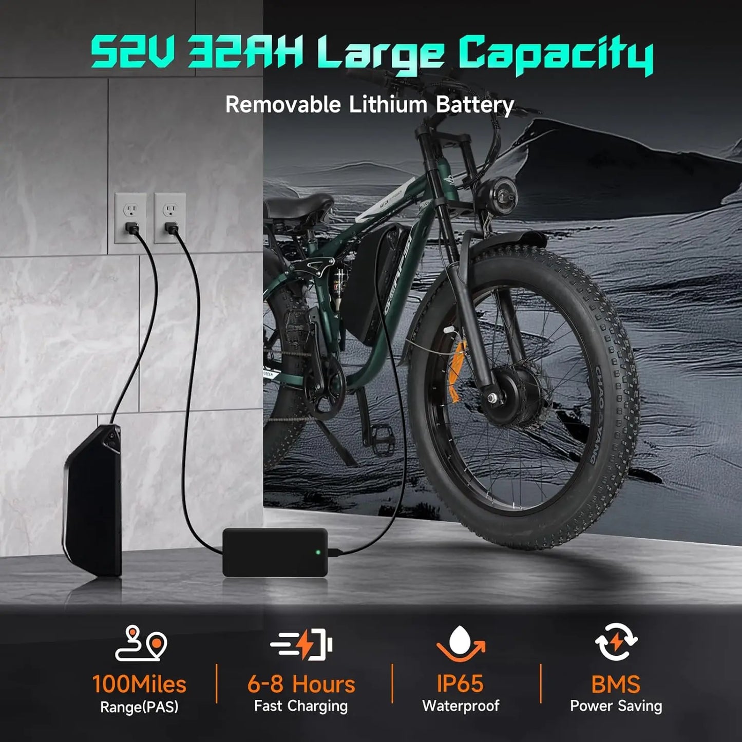 BAOLUJIE 2603 Electric Bike Adults Ebike 52V 32AH Removable Lithium Battery Max Speed 35MPH Range 34-41 Miles【1 Year Warranty】